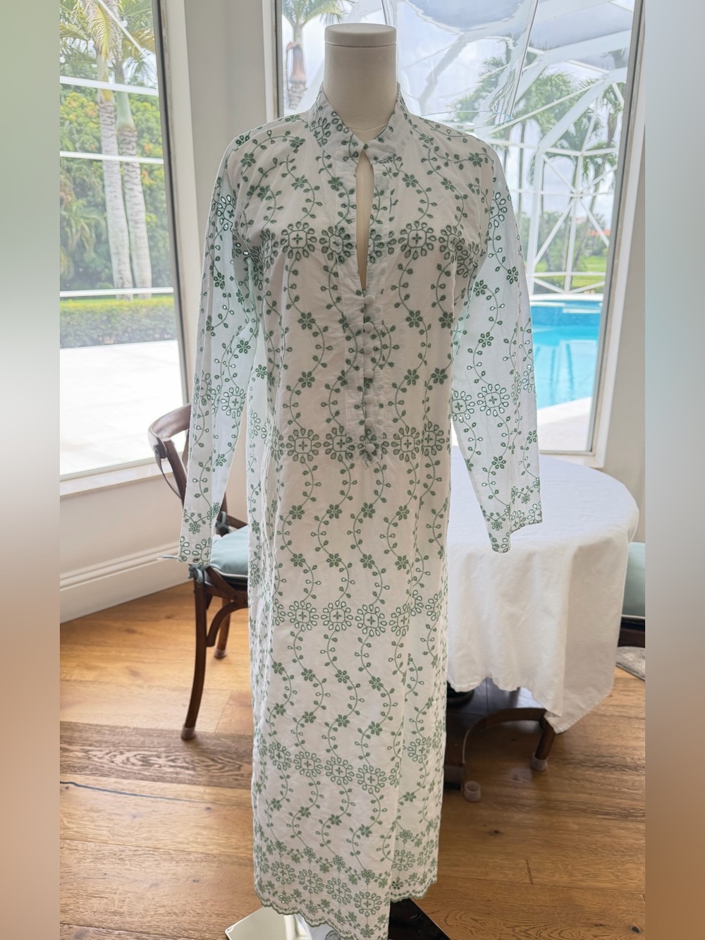 Sail to Sable White Maxi Dress with Green Floral Embroidery